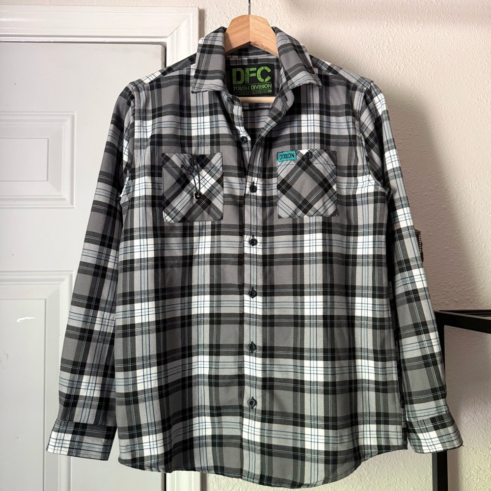 DIXXON grey white boys youth plaid‎ long sleeve button up shirt